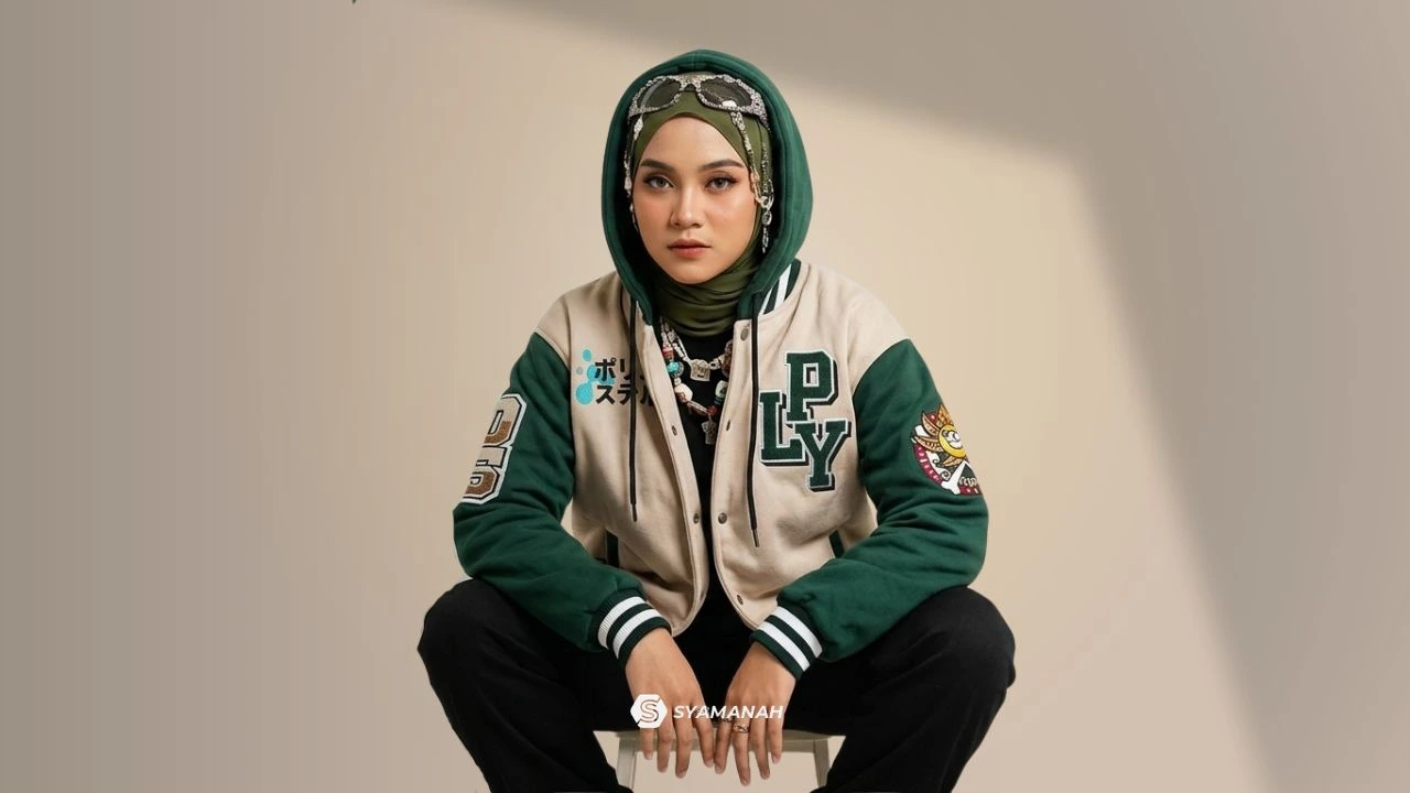 Seorang wanita berkerudung mengenakan jaket custom full bordir