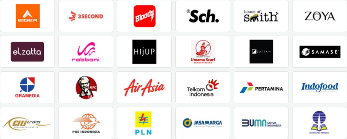 Logo klien Syamanah: Eiger, 3Second, Zoya, Elzatta, Gramedia, KFC, AirAsia, Telkom, Pertamina, Indofood dan lainnya