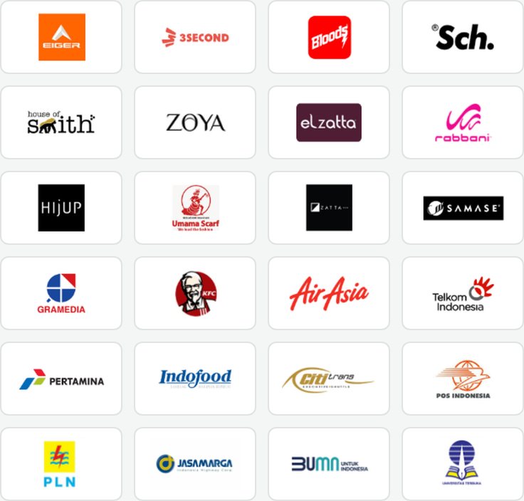 Logo klien Syamanah: Eiger, 3Second, Zoya, Elzatta, Gramedia, KFC, AirAsia, Telkom, Pertamina, Indofood dan lainnya
