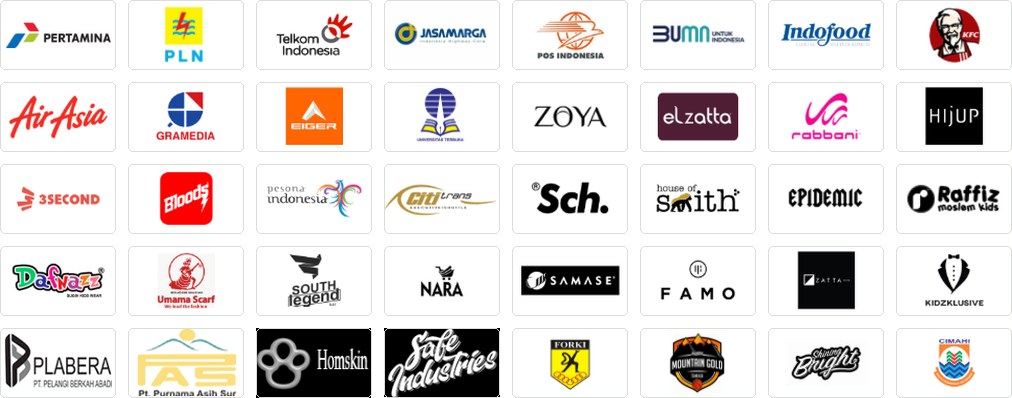 Logo klien Syamanah: Pertamina, PLN, Telkom Indonesia, Jasa Marga, POS Indonesia, BUMN, Indofood, KFC, AirAsia, Gramedia, Eiger, Zoya, Elzatta, Rabbani, Hijup dan lainnya