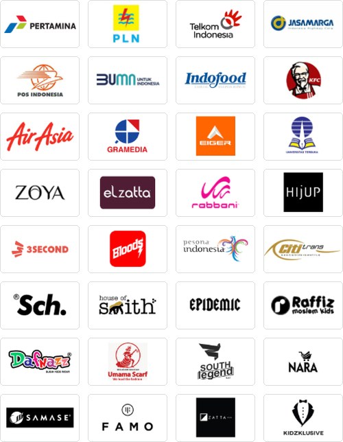 Logo klien Syamanah: Pertamina, PLN, Telkom Indonesia, Jasa Marga, POS Indonesia, BUMN, Indofood, KFC, AirAsia, Gramedia, Eiger, Zoya, Elzatta, Rabbani, Hijup dan lainnya