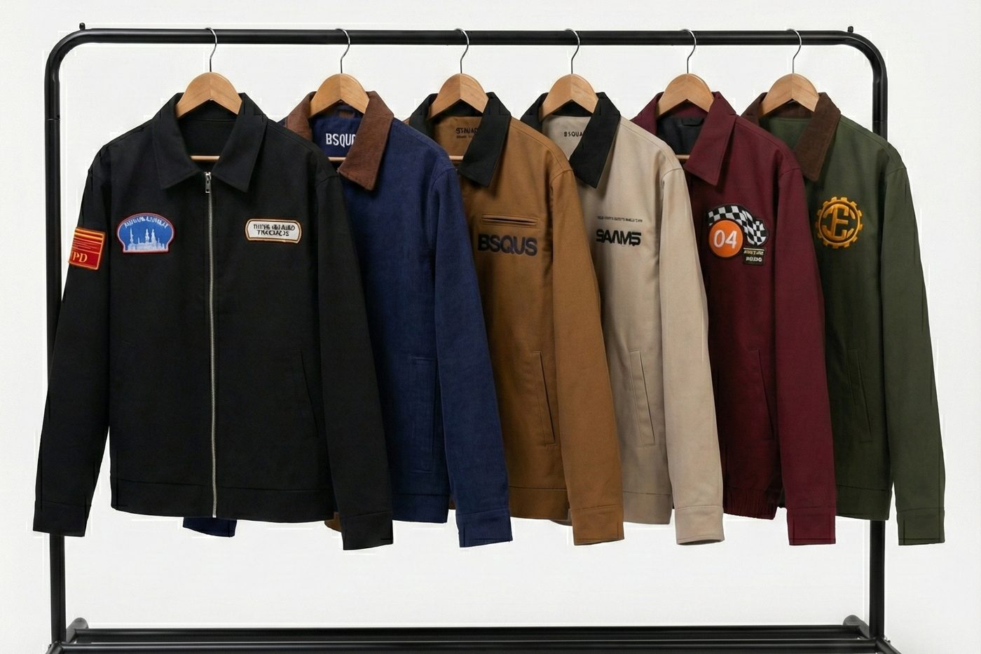 Ilustrasi enam work jacket berbagai warna tergantung di rak, dengan patch dan bordir logo
